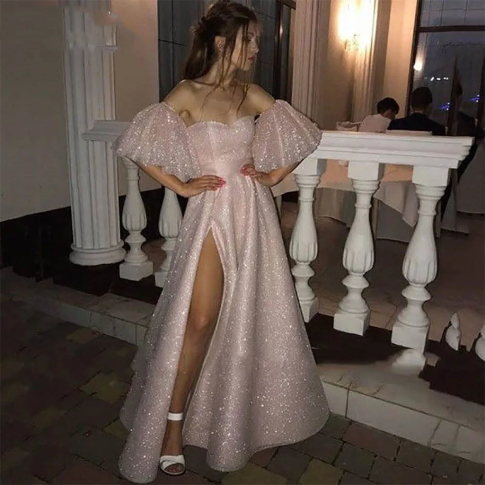

Shiny Sequins Side Split Sparkle Prom Dress Beach Sweetheart Flare Sleeve Backless Glitter Formal Evening Gowns Plus Size