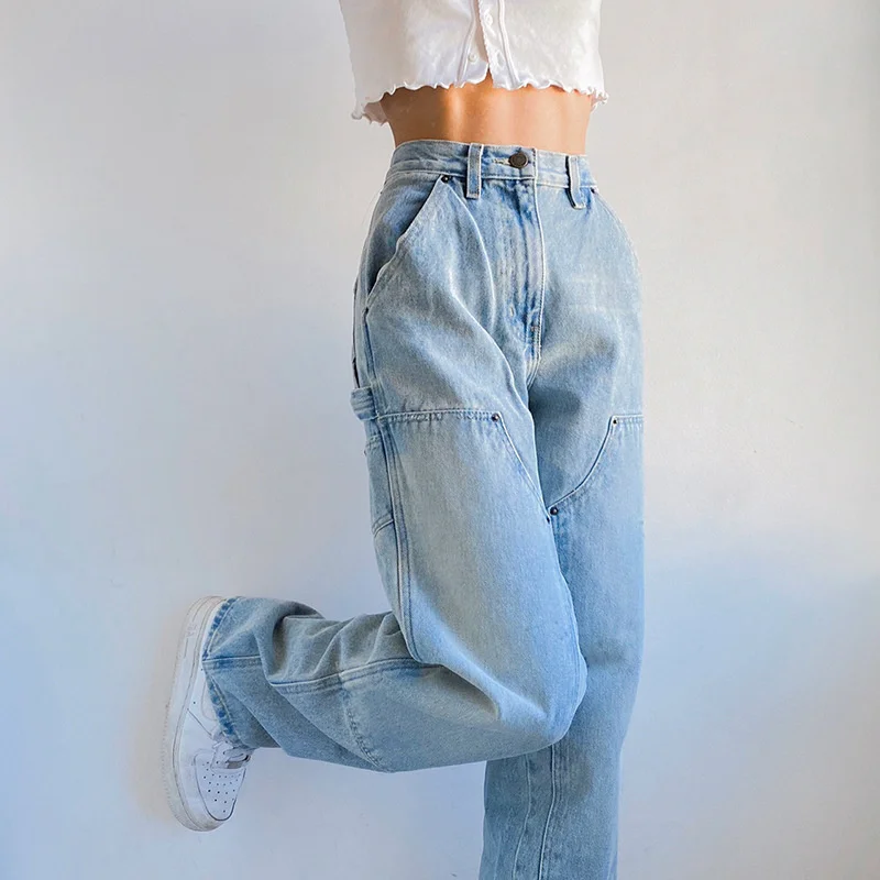 2021 Baggy Jeans Mom Fit High Waist Loose Light Blue Jean Pocket Patchwork Female Women's Autumn New Casual Straight Denim Pants