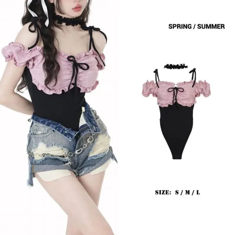 

Shoulder Strap Neck Loop Slim Sexy Pure Desire Women Korean Fashion Y2k Sweet Black Pink One Piece Top Bow Folds Short Sleeves