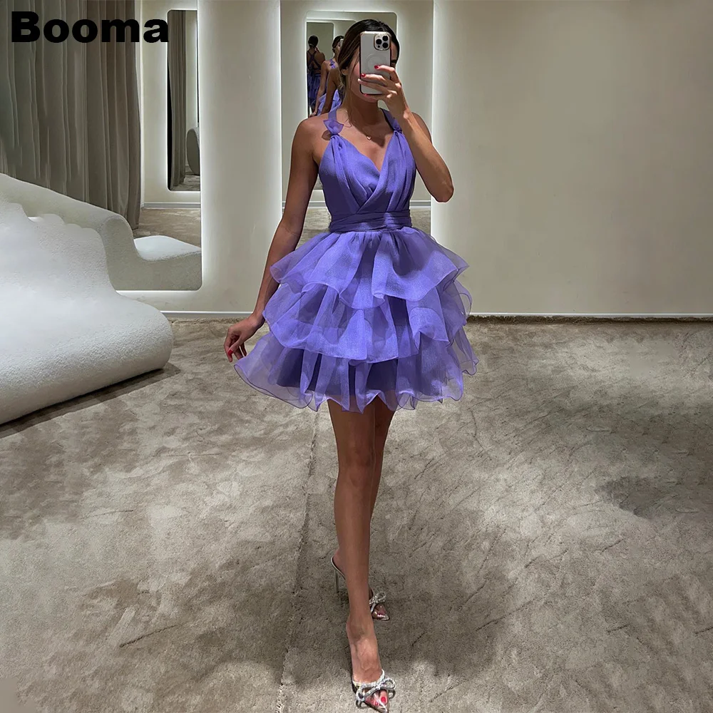 

Booma Purple A Line Мини-платья для выпускного вечера V-образным вырезом без рукавов Многоуровневое вечернее платье из органзы Праздничные коктейльные платья Дубайское вечернее платье