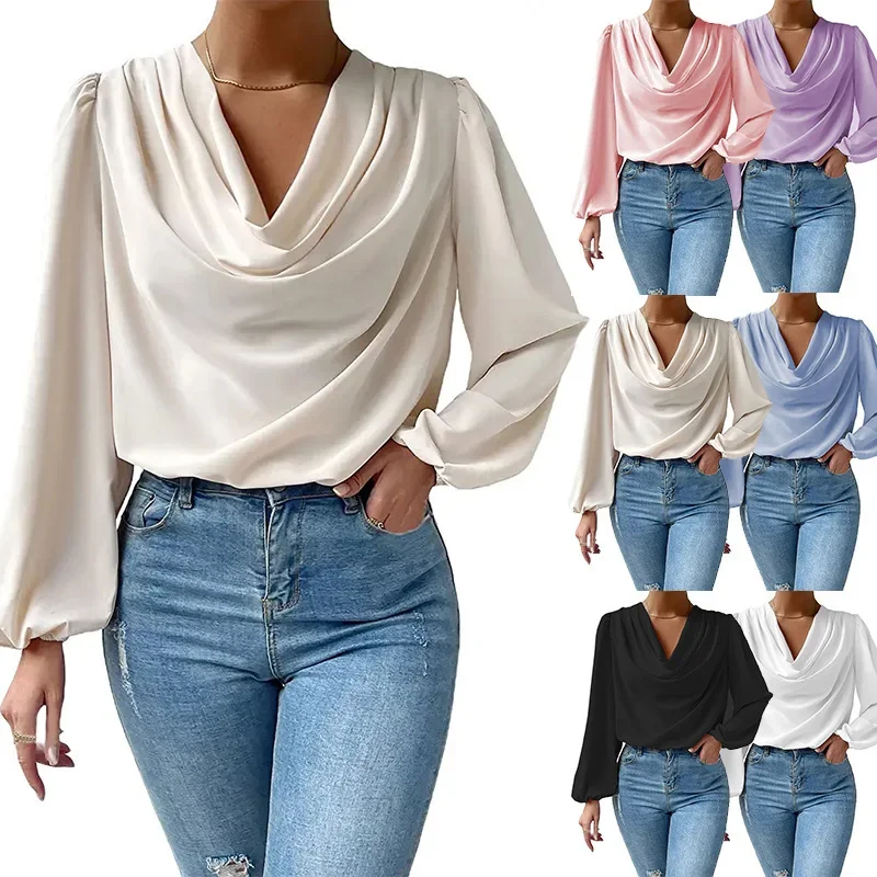 

Elegant Women's Shirts Fashion Blouse 2023 Spring/Summer Chiffon Loose Draped V-Neck Top Office Lady Solid Shirt S-3XL