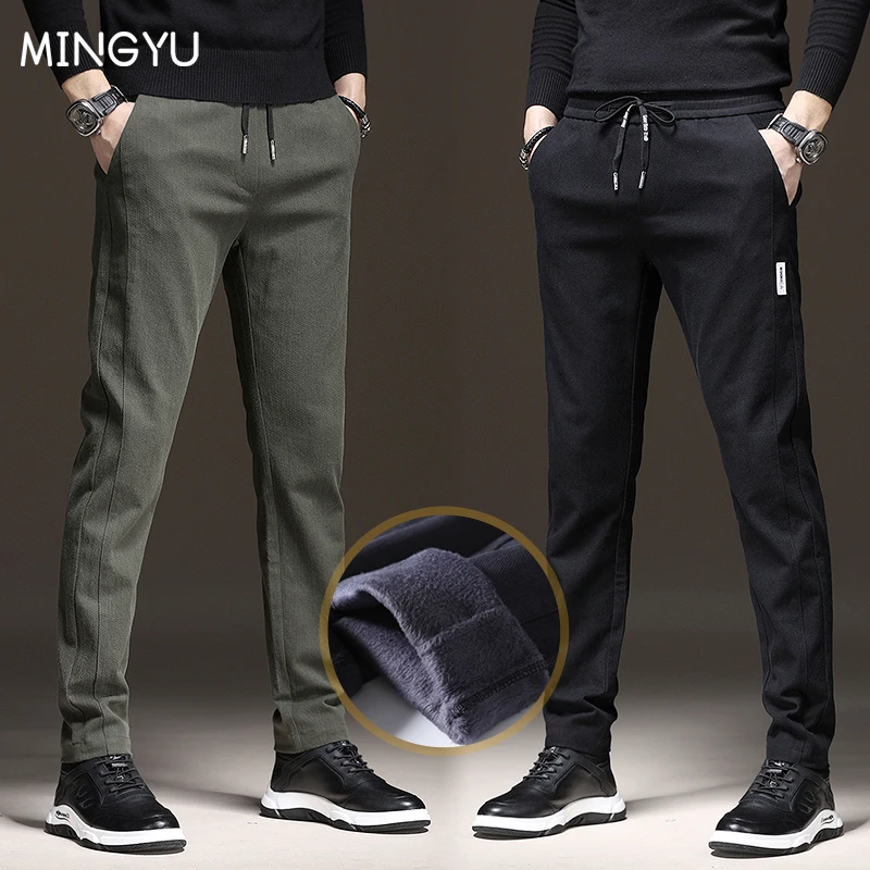 

Winter Men's Fleece Pants Fashion Classic Drawstring Elastic Waist Jogging Thick Warm Stretch Flocking Casual Grey Trousers Male