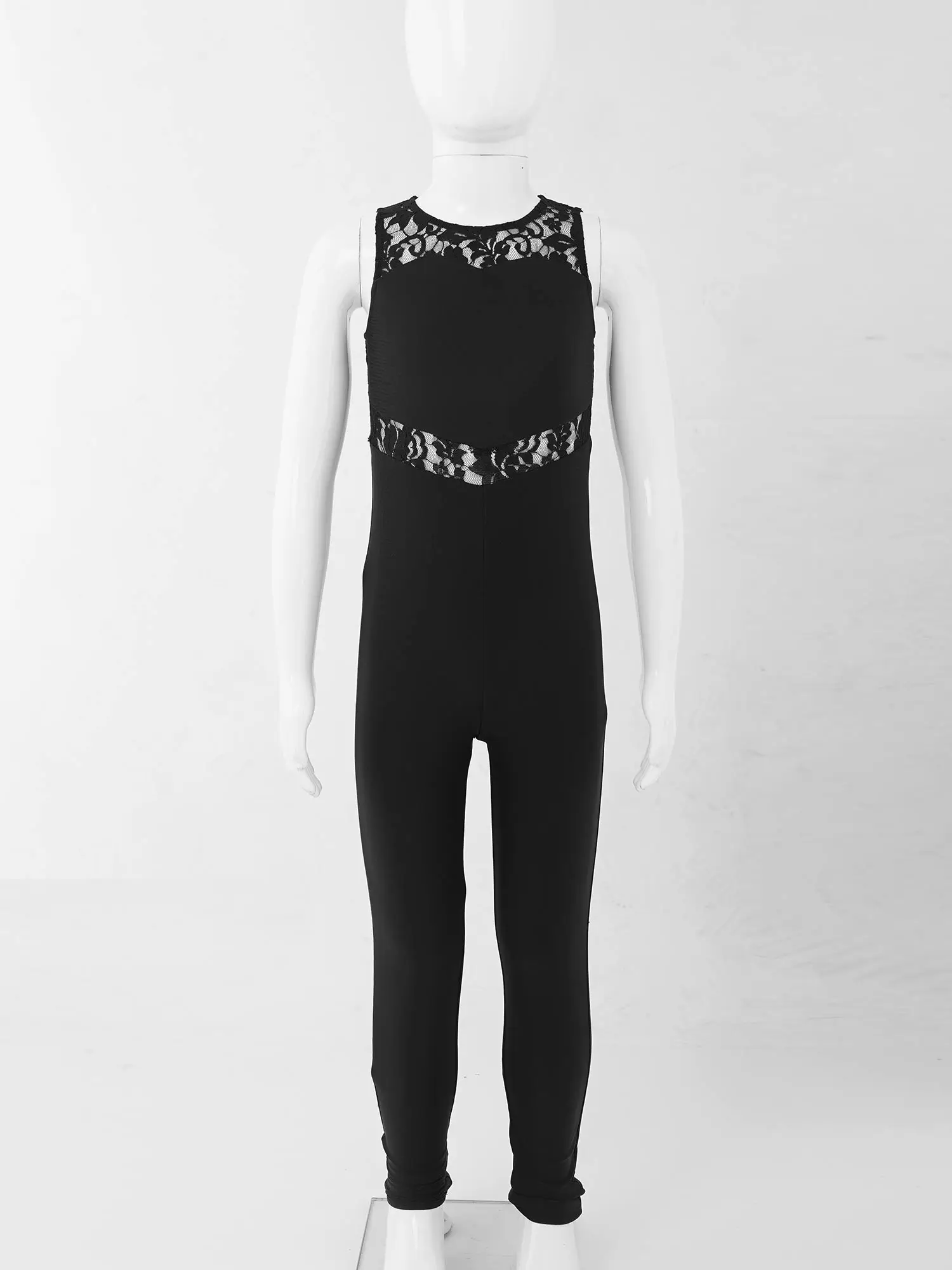 Kids Girls Ballet Dance Bodysuit Sleeveless Gymnastics Full Lenth Leotard Stretchy Lace Patchwork Jumpsuit Unitard Dancewear