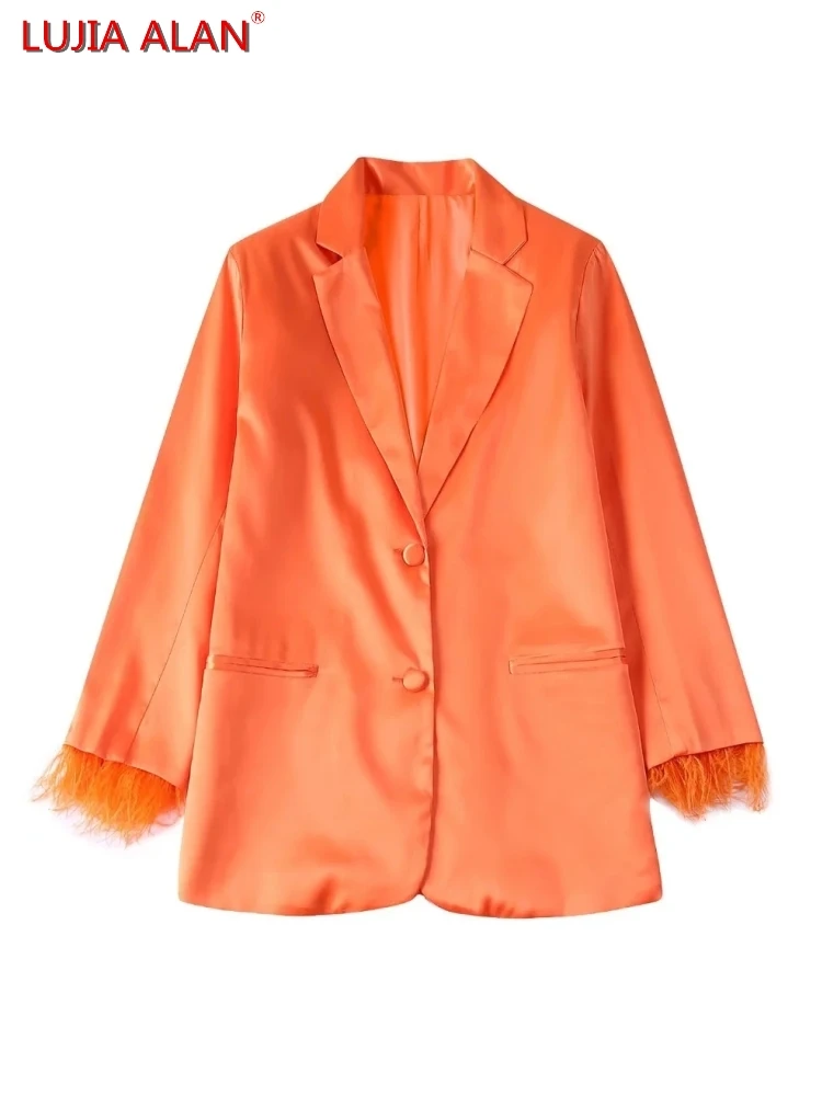 

Women Feather Decoration Satin Casual Suit Coat Summer Female Long Sleeve Outerwear Office Lady Loose Tops LUJIA ALAN C1371