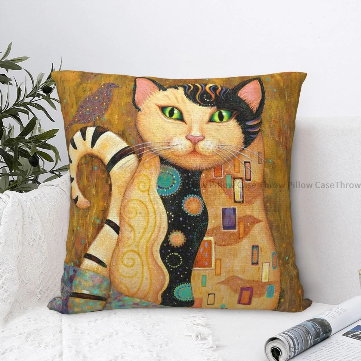 

Oil Painting Cat Hug Pillowcase Gustav Klimt Style Backpack Cojines Livingroom DIY Printed Car Coussin Covers Decorative