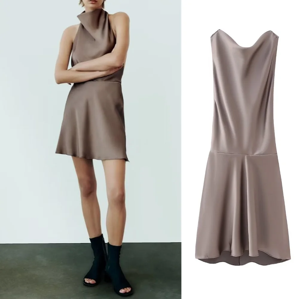 

Женское Плиссированное короткое платье PB & ZA, шелковое платье с воротником-стойкой и бантом-бабочкой, модель 2023 на осень, 8399331