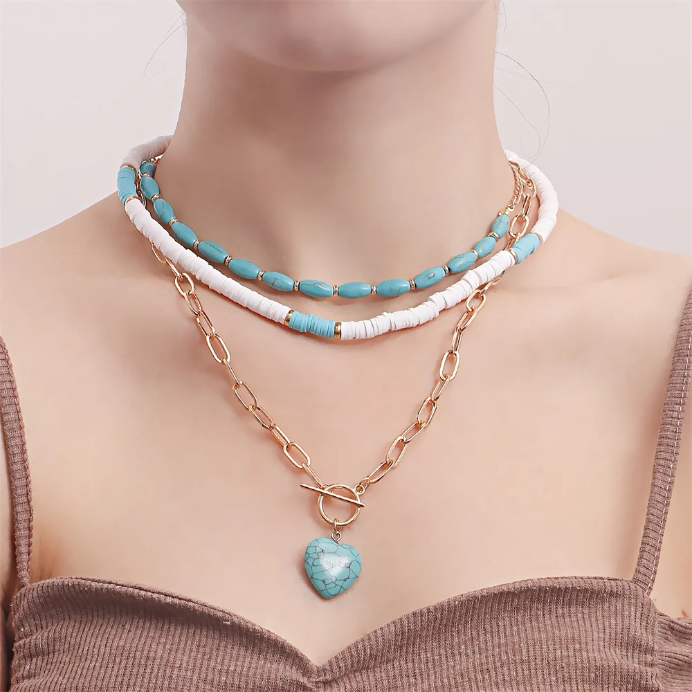 

Bohemian soft pottery Turquoise Love Pendant Necklace women's ocean style minority design women's gift jewelry