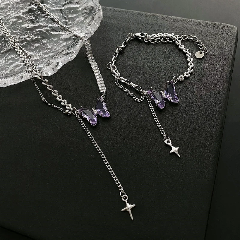 

Purple Color Butterfly Necklace for Women Double Layer Clavicle Chain Shiny Zircon Gifts Jewelry Wholesale