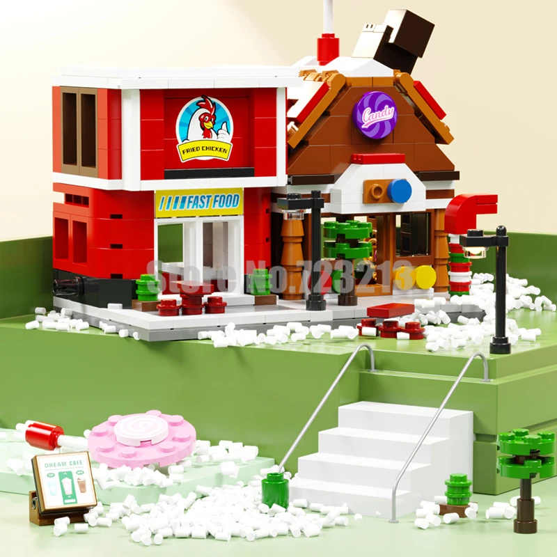 Набор строительных блоков для розничного магазина города улицы гамбургера пиццы