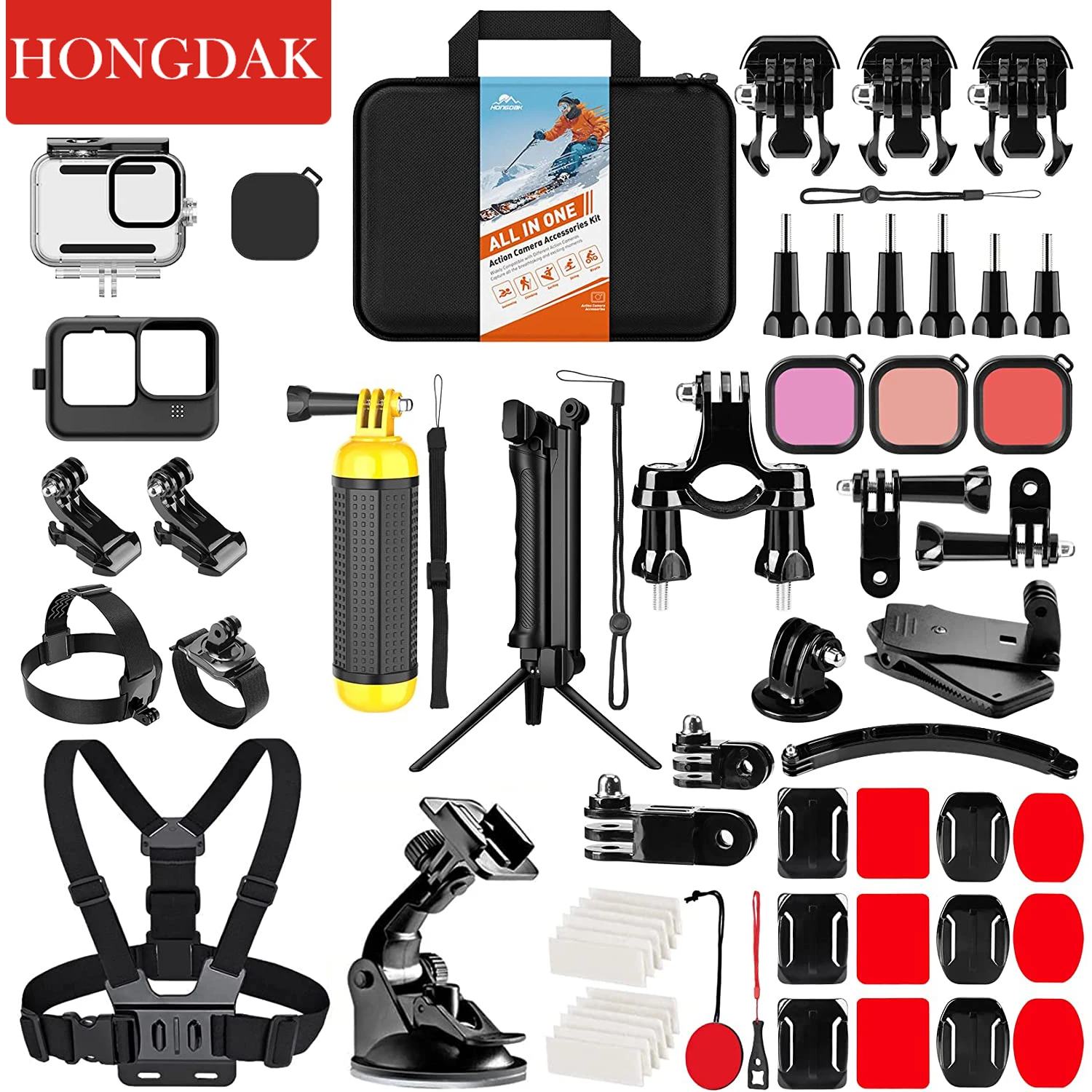 HONGDAK for GoPro Hero 11 10 Black Accessory Set for Go Pro Hero 9 Action Camera Kit Selfie Stick Tripod Mount With Chest Strap