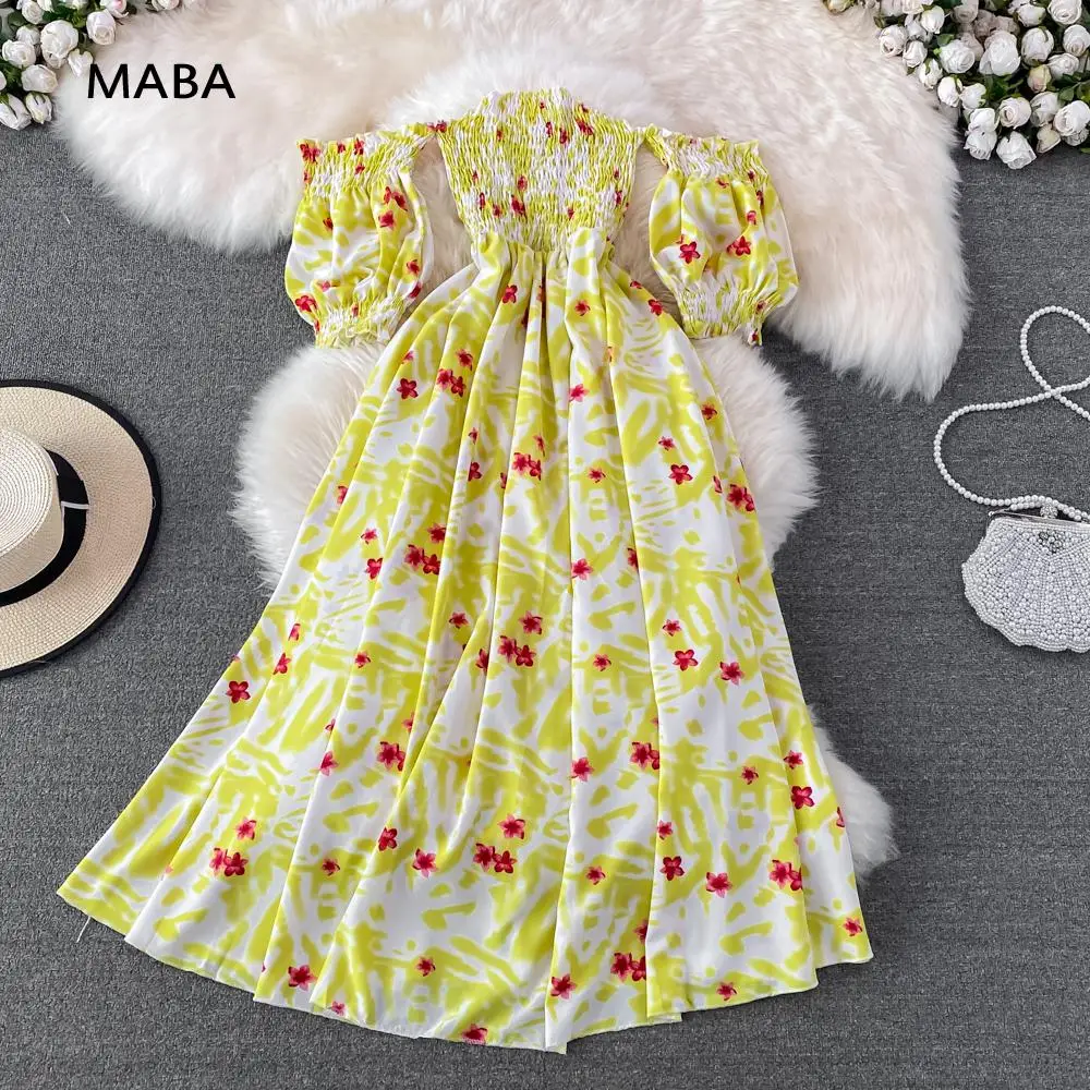 

Женское богемное платье с открытыми плечами, элегантное пляжное платье без бретелек в стиле ретро с высокой талией и цветочным принтом, лет...