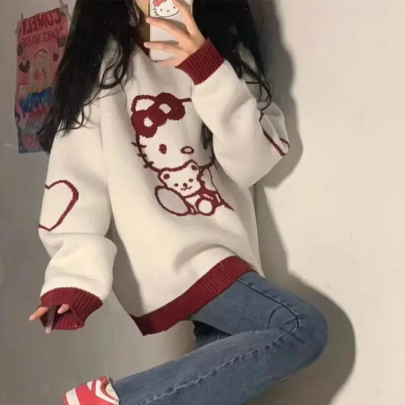 

Sanrios аниме мультфильм Hello Kitty Kuromi Melody Cinnamoroll помпон пуриновый свитер Kawaii милый пуловер с круглым вырезом свободный вязаный Топ