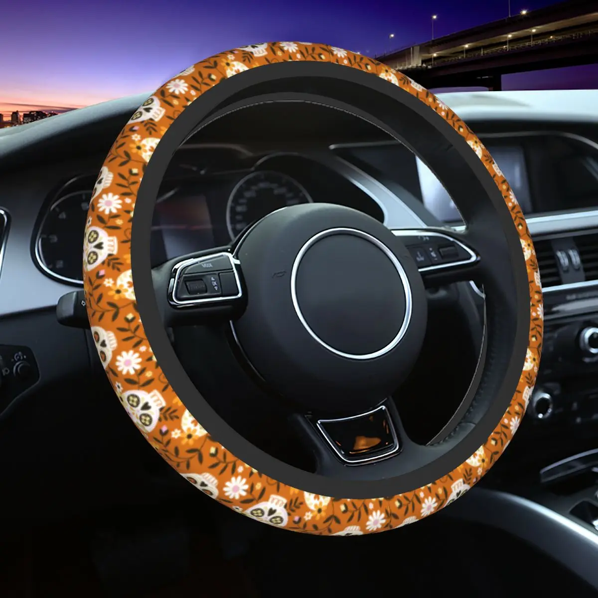 

38cm Car Steering Wheel Covers Hand Drawn Cute Sugar Skulls Flowers Soft Car-styling Fashion Auto Accessories