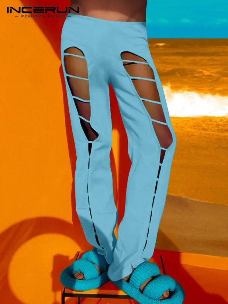 

Модные мужские брюки с эластичным поясом и вырезами, пикантные уличные повседневные брюки 2023, однотонные Индивидуальные брюки 5XL INCERUN