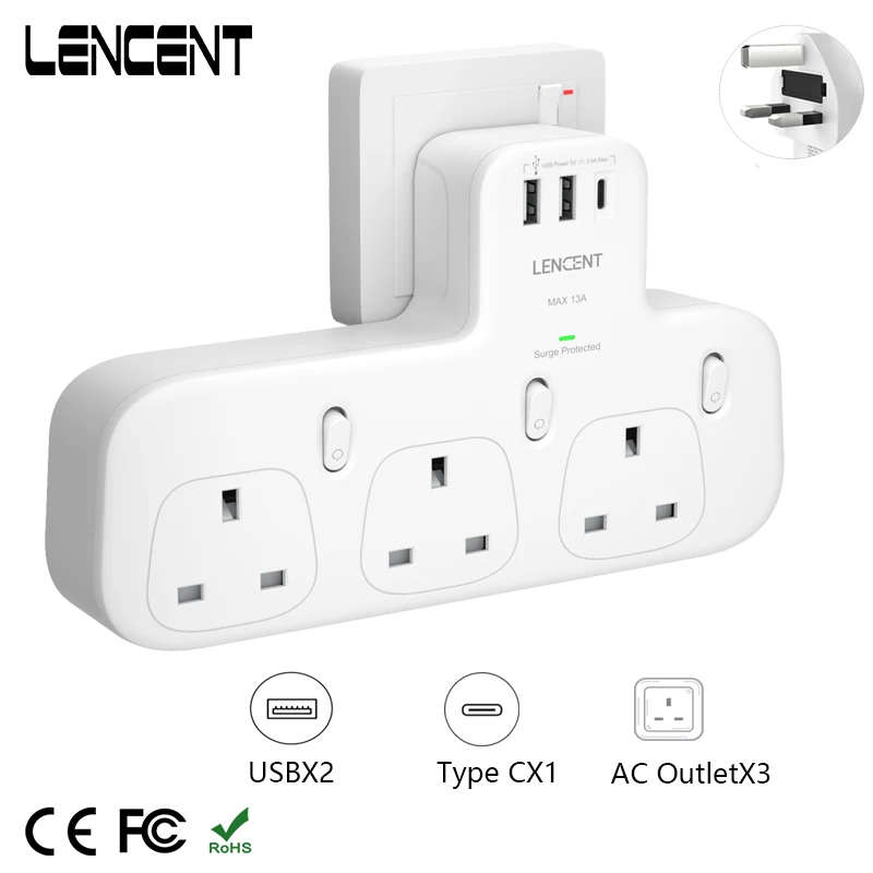 

Настенный удлинитель LENCENT с 3 розетками переменного тока, 2 USB-порта, 1Type C, защищенный от перенапряжения двойной Штекерный адаптер с переключа...