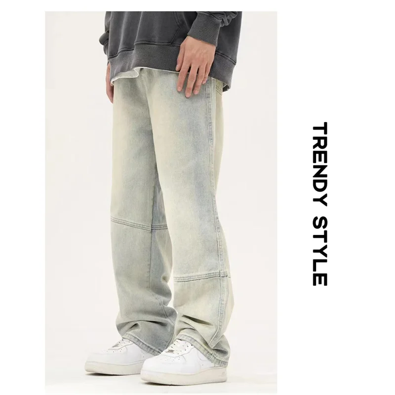 Streetwear Men Vintage Baggy Blue Jeans Large Straight Cylinder Casual Pants High Street Mopping The Floor Denim Trousers Autumn