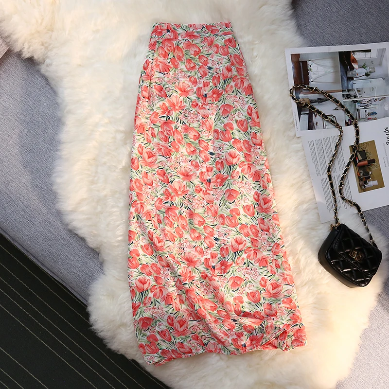 

2022 Spring Summer Fashion Pink Floral Print A Line Midi Skirt for Women Elegant Ladies High Waist Casual Long Skirts