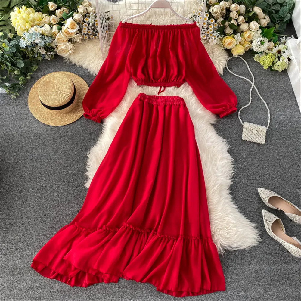 

Korean Fashion Beach Style Two Piece Set Women Summer Solid Sexy Off Shoulder Tops+ Long Skirts 2 Piece Set