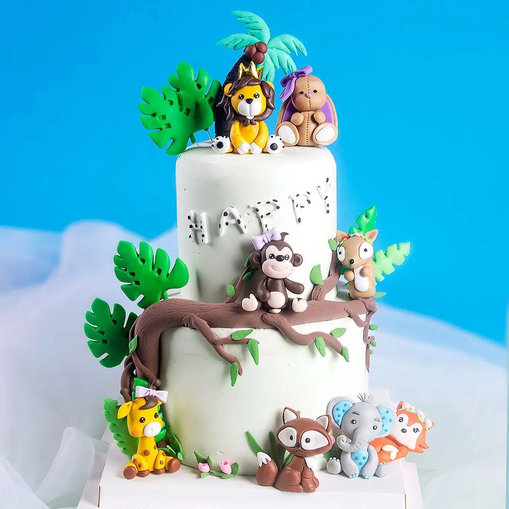 

Cartoon Woodland Animal Cake Topper Cute Soft Pottery Forest Jungle Safari Dinosaur Cupcake Decor 1st Happy Birthday Party Decor