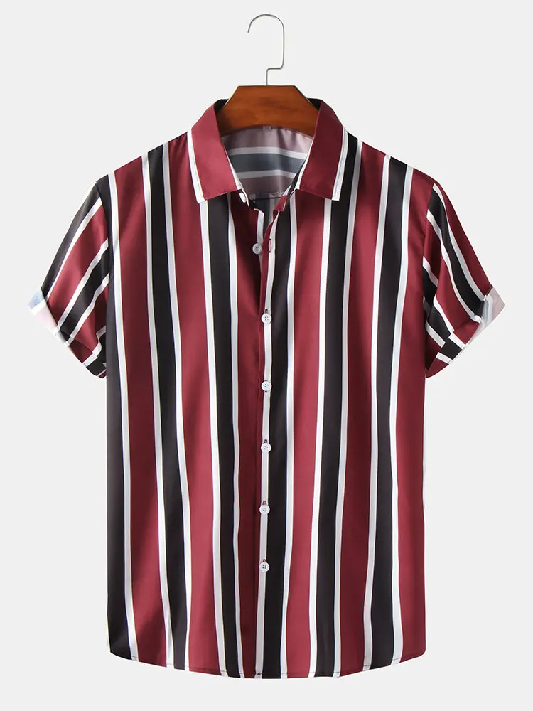 

Men Clothing 2022 Summer Men's Japanese Striped Men's Casual Short Sleeve Shirt Lapel Slim Shirt Camisas Para Hombre