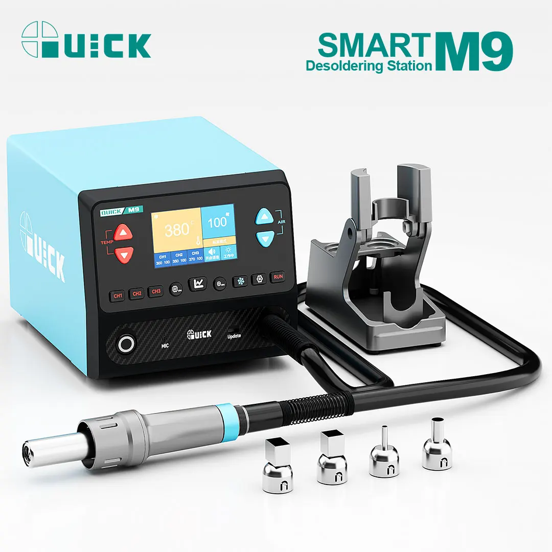 Фото Новый интеллектуальный паяльник QUICK M9 с голосовым управлением AI, автоматическим переходом в спящий режим, мощностью 1300 Вт, регулируемым углом наклона, 44800 об/мин, цветным TFT-экраном, 9 каналами. №4