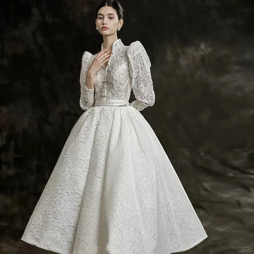 

TIXLEAR Light 2022 new bride wedding heavy lace out yarn French vintage long sleeve dress slim atmosphere