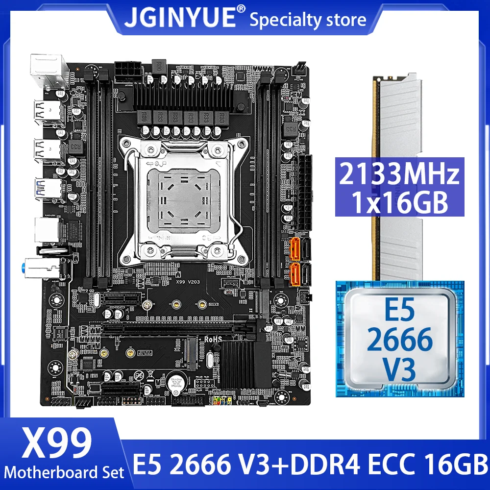 

Комплект материнской платы JINGYUE X99, с процессором Xeon E5 2666 V3, LGA 2011-3, DDR4, 1*16 ГБ, 2133 МГц, REG ECC, Память ОЗУ X99 V203