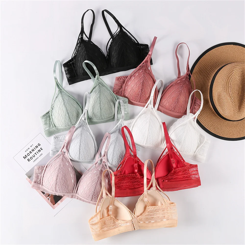 

New Sexy Women's Bra without Steel Ring Deep V Triangle Cup Gathered Push Up Lingerie Ultra-thin Floral Lace One-piece Underwear