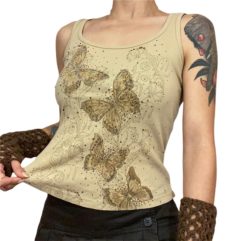 

Grunge y2k Butterfly Top Kawaii Women Print Sleeveless Round Neck Knitting Tee Shirt Party Street Pullover Vest 2000s Clothing