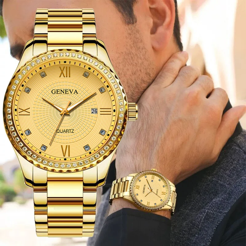 GENEVA Top luxury men's watch circular diamond dial automatic calendar tungsten steel strap men's watch clock timer
