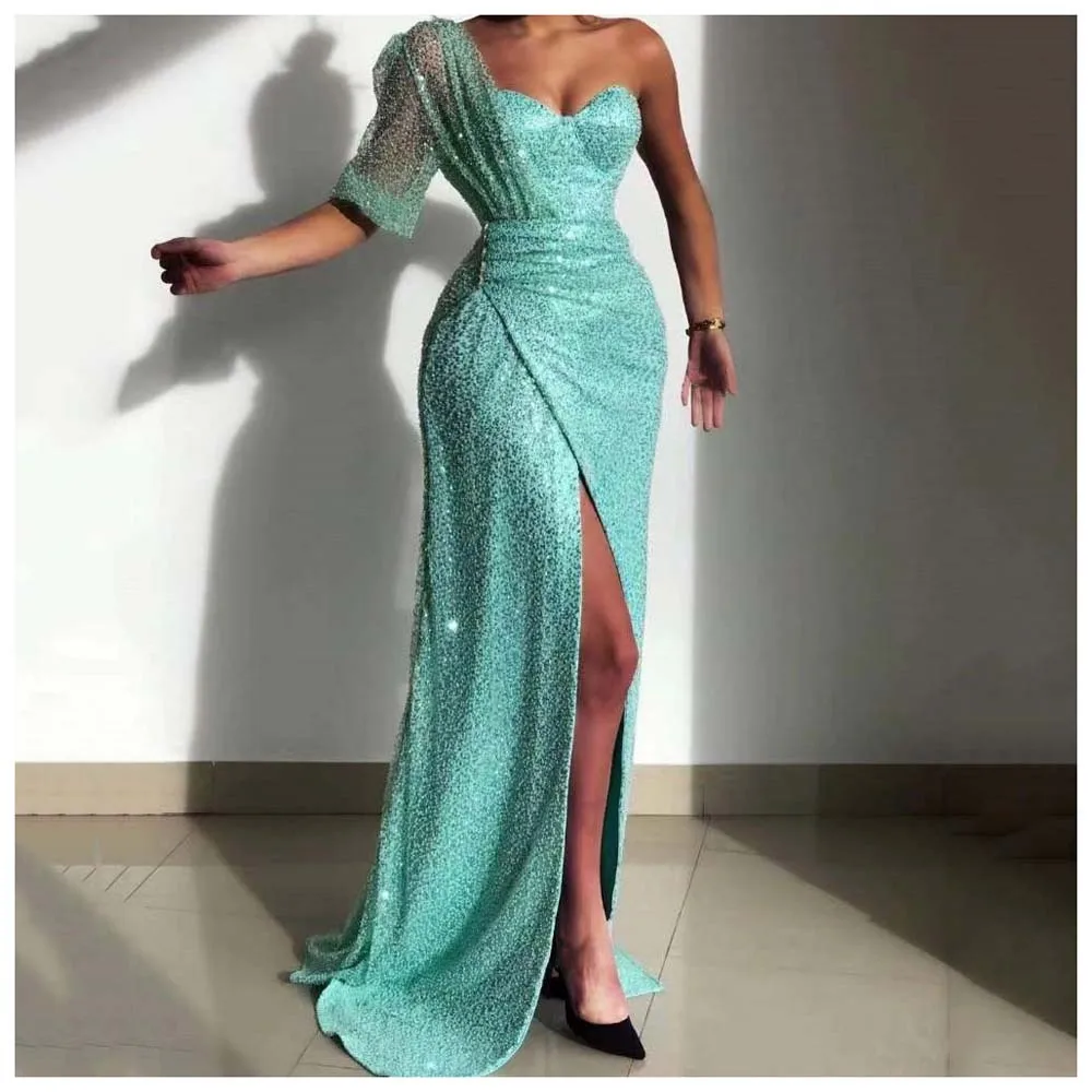 

Fashion Women Long Dress Elegant Chic Prom Solid Color Sequins Patchwork Diagonal Collar Long Sleeve Ladies Dress For Summer