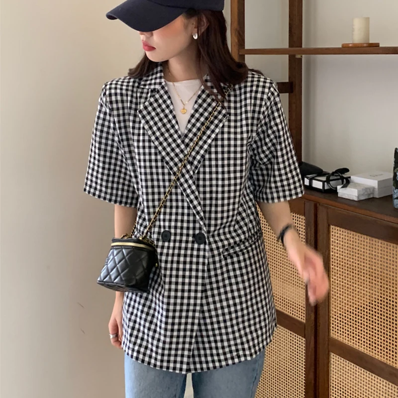 Clothland Women Summer Plaid Blazer Short Sleeve Double Breasted Jacket Retro Office Wear Coat Mujer CA532