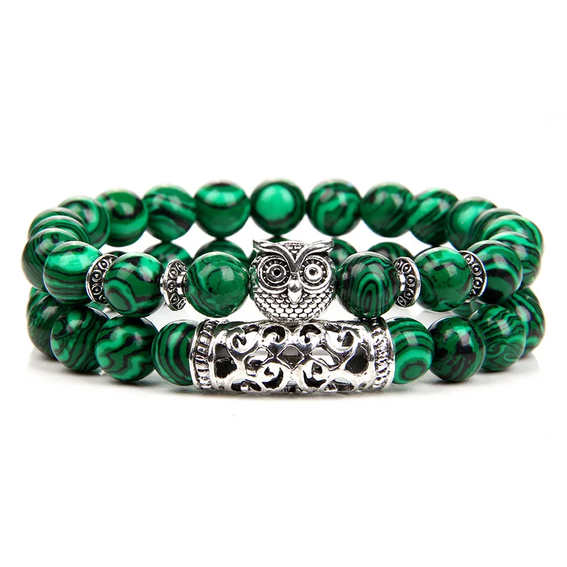 

2pcs/Set Natural Green Malachite Bracelet Silver Color Owl Charm Bracelets Balance Energy Healing Bracelet for Men Women Jewelry