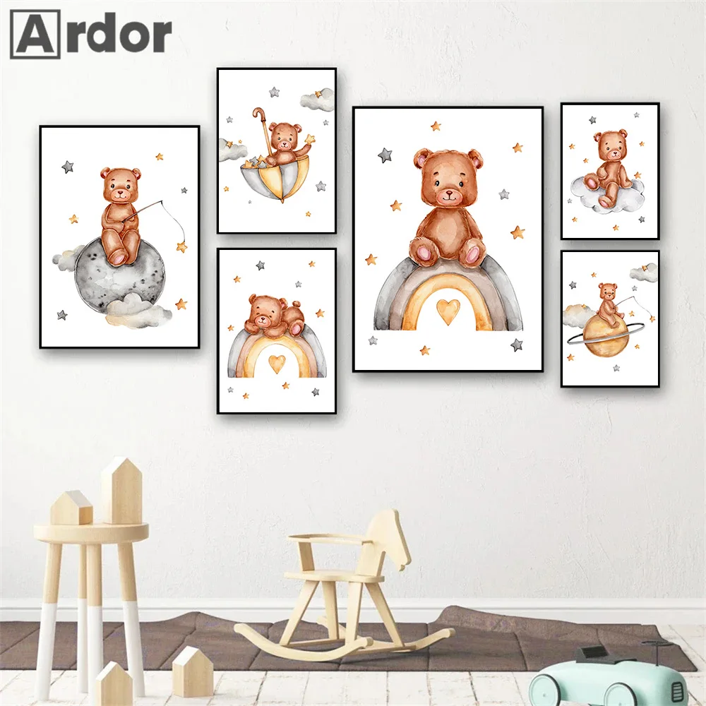 

Cartoon Bear Wall Poster Painting Nursery Canvas Print Planet Clouds Rainbow Art Posters Nordic Wall Pictures Kids Room Decor