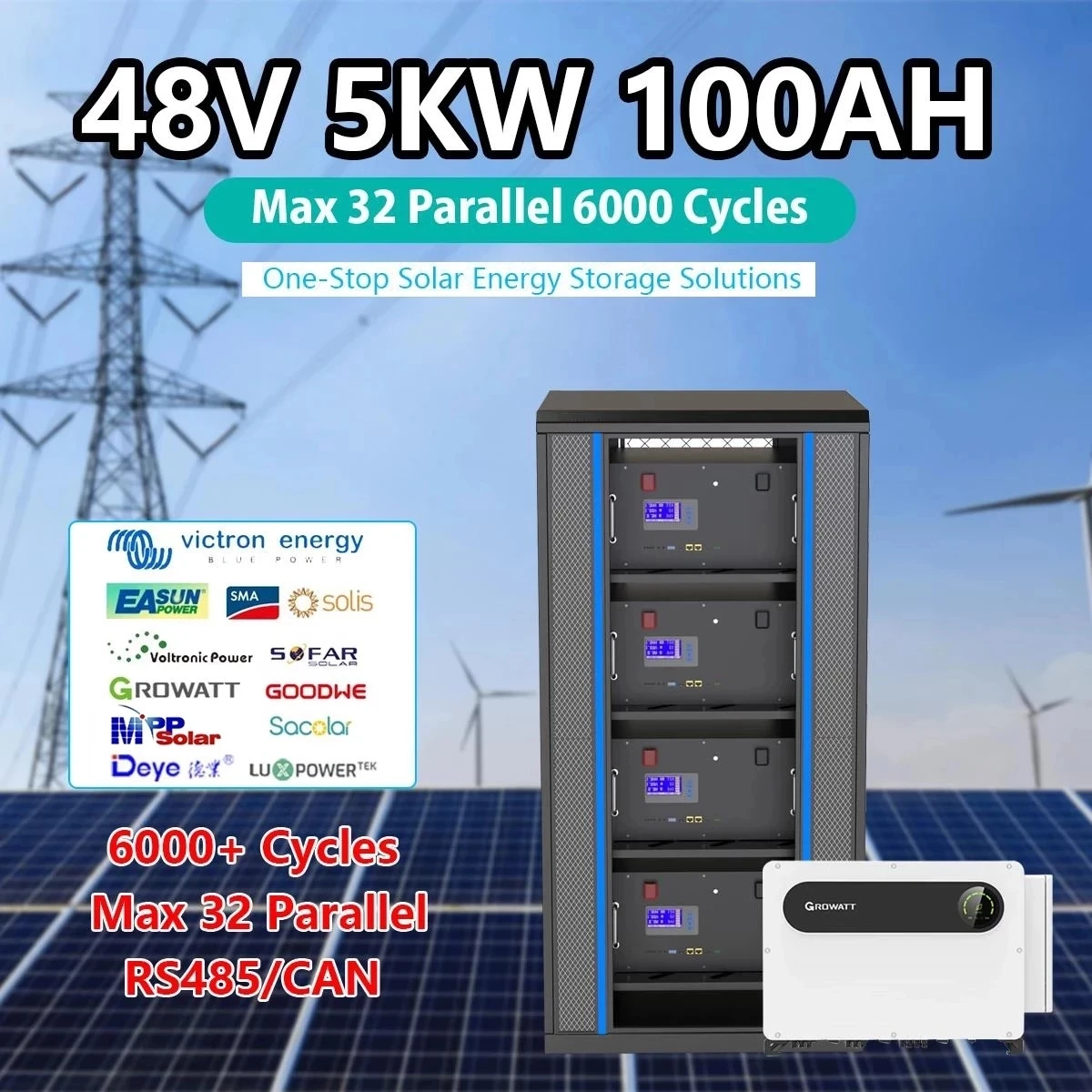 

Lifepo4 48v 100ah solar lithium battery 5kwh battery 6000+cycles max 32 parallel rs485/can with computer control for inverter
