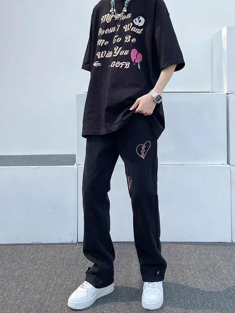Y2k Heartbreak Graphic Jeans Wide Leg Pants Street Wear Highstreet Design BF Baggy Jeans Distressed Jeans Straight Leg Jeans