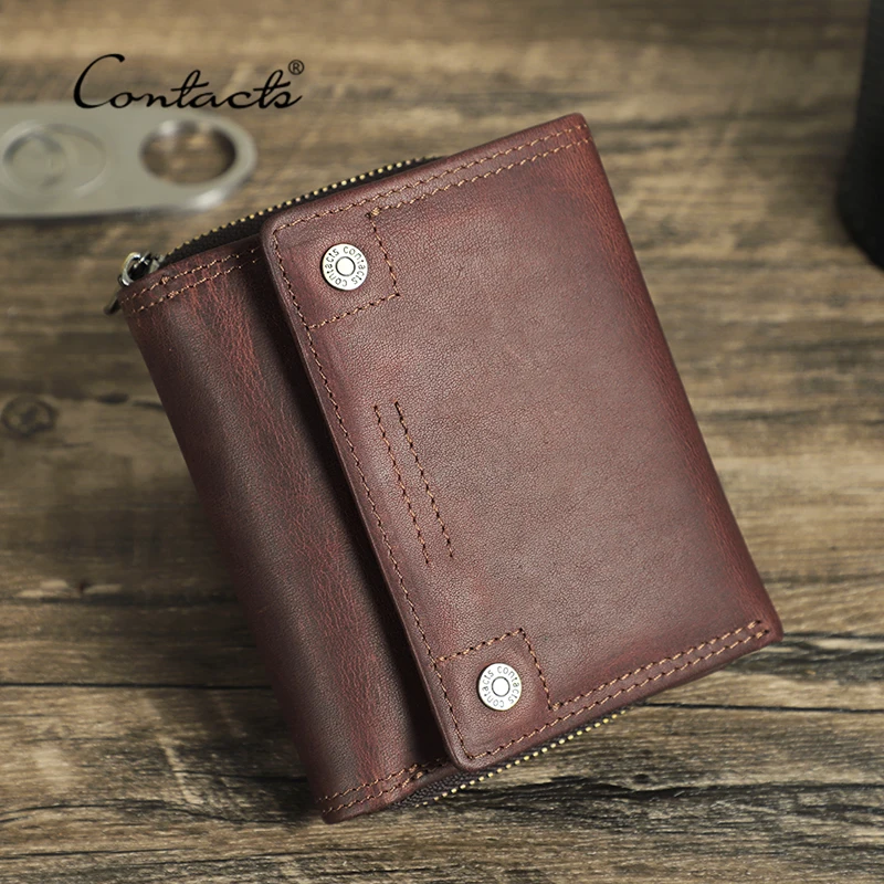 

CONTACT'S Genuine Leather Men Short Wallet Trifold Design RFID Male AirTag Case Wallets with Card Holder Hasp Zipper Coin Purse