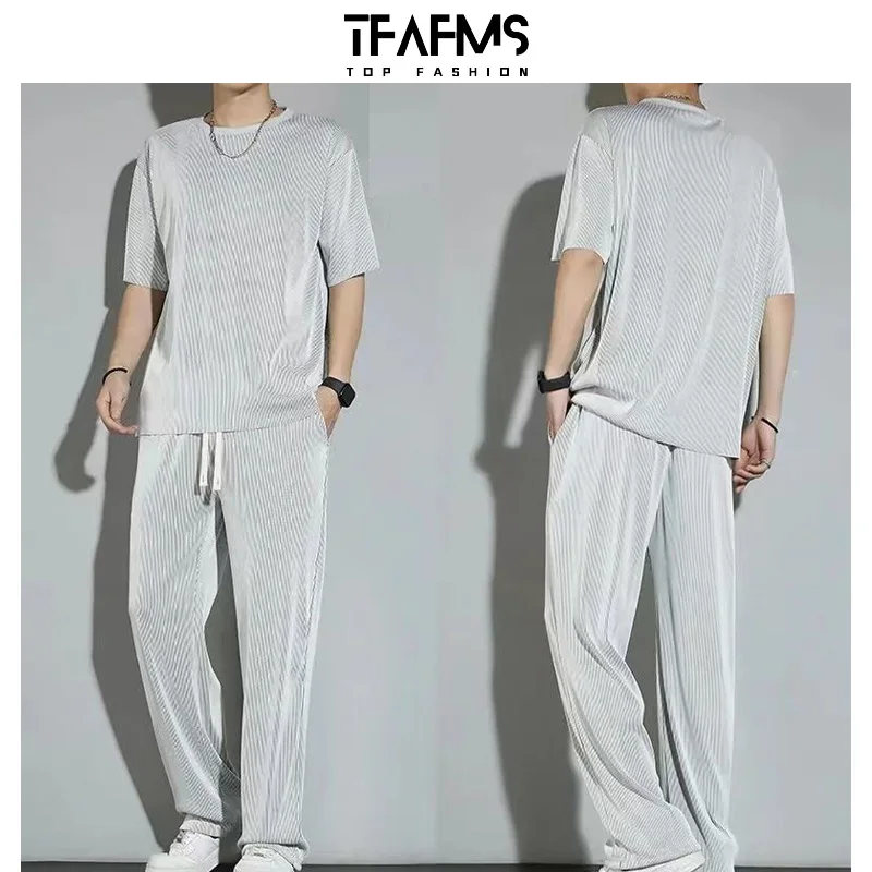 

Костюм-двойка Ice Skil мужской летний, модный тонкий спортивный костюм, футболка с коротким рукавом и брюки, повседневный драпированный костюм