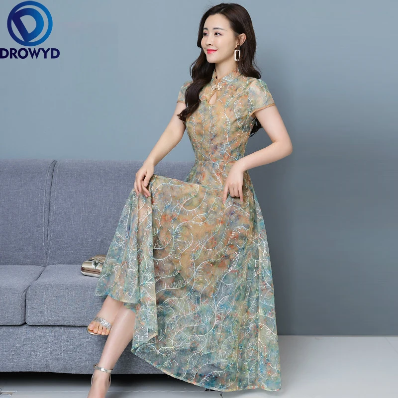 

Floral Lace Qipao Dress Women 2022 Spring Summer New Retro Half-High Collar Cheongsam Female Slim Long Elegant Party Vestidos