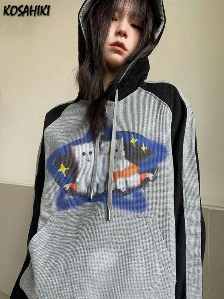 

Hoodie Women Cat Star Print Contrast Color Sweatshirt Y2k Aesthetic Harajuku Loose Fleece Pullover Hoodies Femme