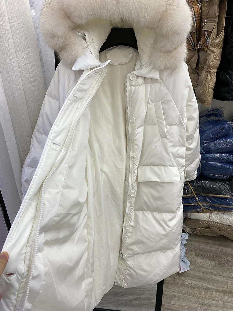 Women Long Down Jacket New Casual Style Fox Fur Collar White Duck Down Jackets Autumn Winter Coats And Parkas Female Outwear