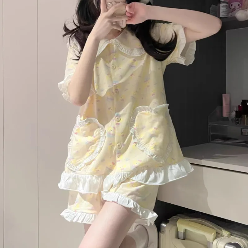 Милая мультяшная одежда для сна с рюшами женщин комплект из 2 предметов корейская