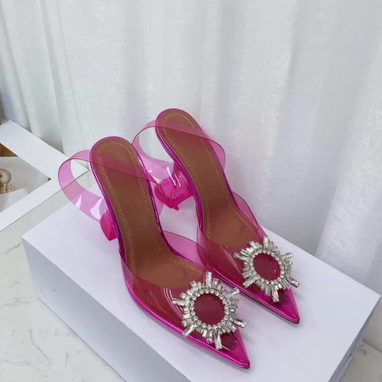 

2022 Star style Green Blue Soft PVC Women Sandals Fashion Crystal Heeled Slingbacks Summer Shoes High heels Wedding Bride Shoes