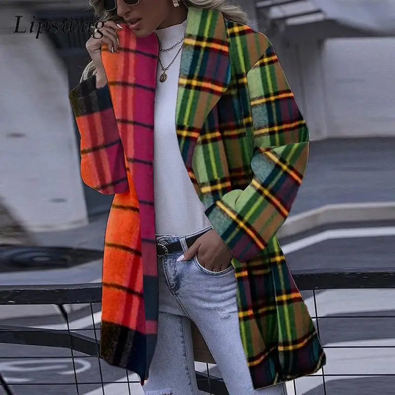 

Vintage Contrast Color Plaid Print Woolen Coat Autumn Women Turn-down Collar Long Sleeve Coat New Casual Loose Cardigan Overcoat