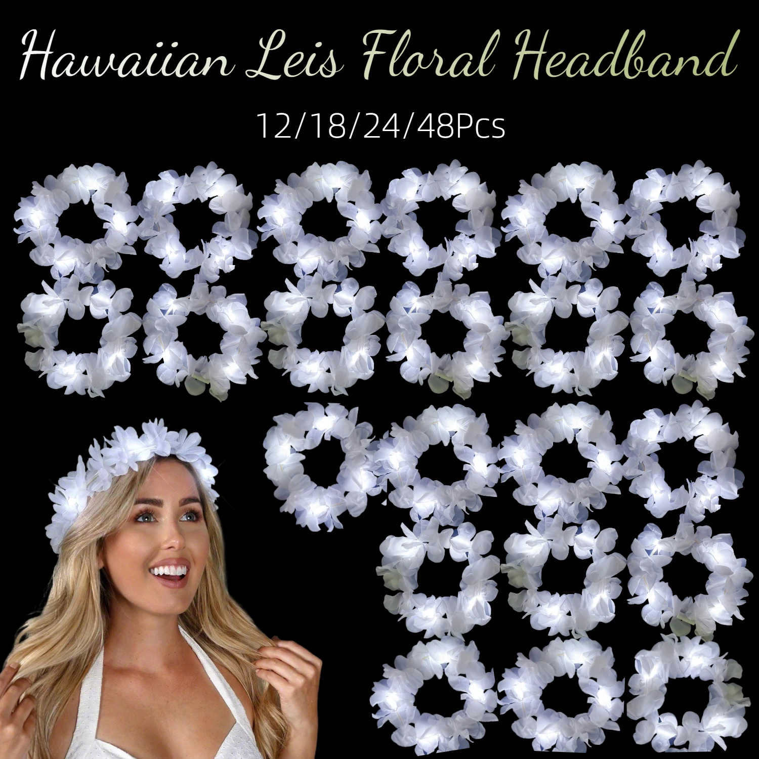 12-48 шт. светодиодная гавайская белая повязка на голову с цветочным принтом