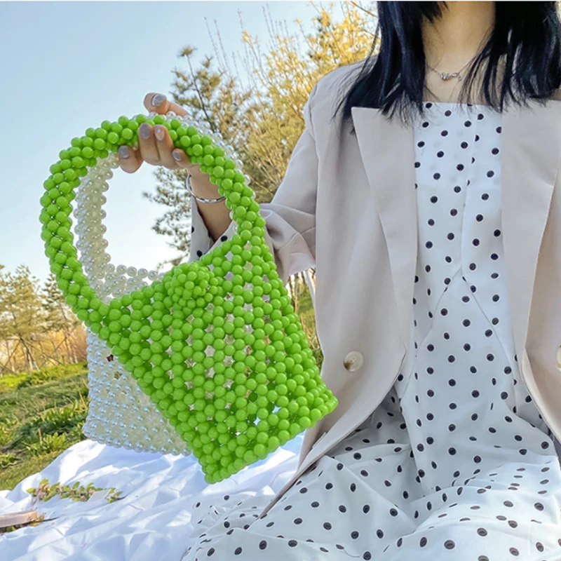 

Design Beading Women Handbag 2022 New Candy Color Hand Made Pearl Women Bag Bucket Bag Beaded Women Handbag