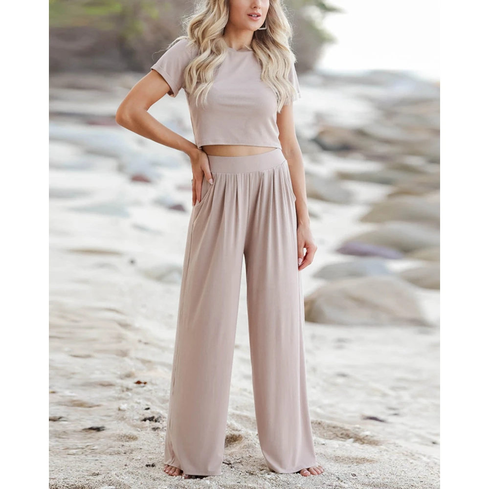 Women Solid O-Neck Short Sleeve Top & High Waist Ruched Pants Set Casual Femme Fashion Two-Piece Set Woman Outfits Clothes