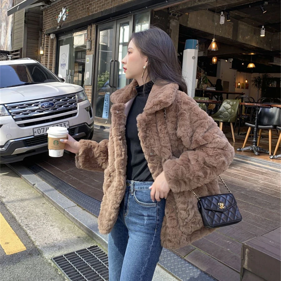 Winter Warm Thicken Faux Rabbit Fur Coat Women Plush Jacket Korean Street Loose Furry Fleece Short Outwear Snow Wear Chaquetas
