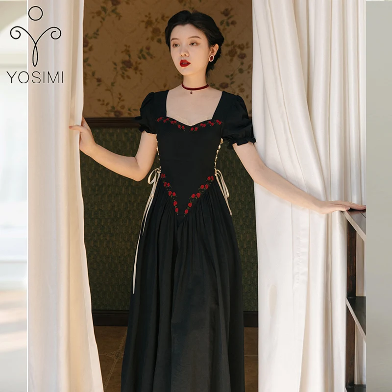 

Женское длинное платье YOSIMI, черное элегантное винтажное платье-трапеция до середины икры с квадратным вырезом, аппликацией и коротким рука...