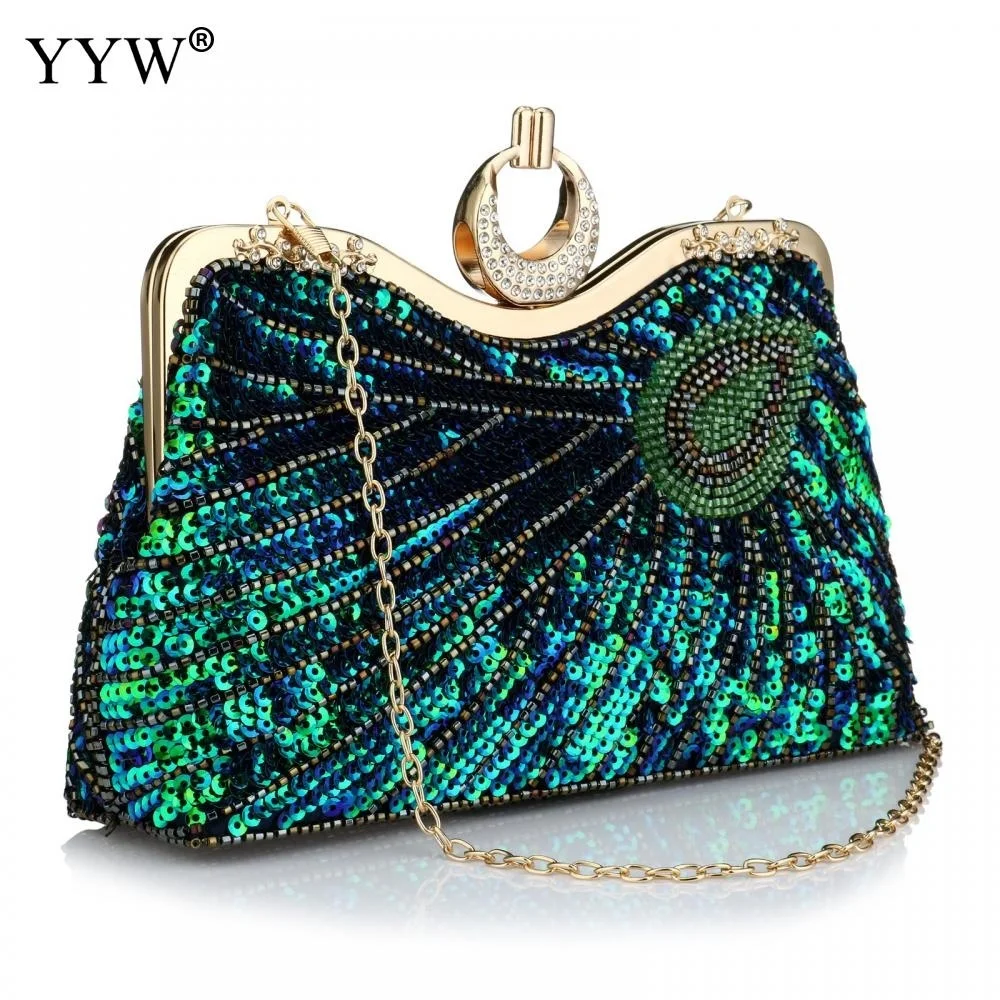 

Vintage Women'S Clutches Evening Bags With Handle Peacock Pattern Sequins Beaded Bridal Clutch Purse Luxury Mini Handbag Prom